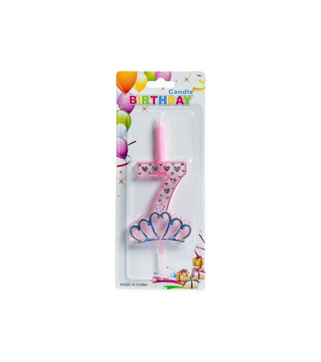 Pink cake candle with holder number 7