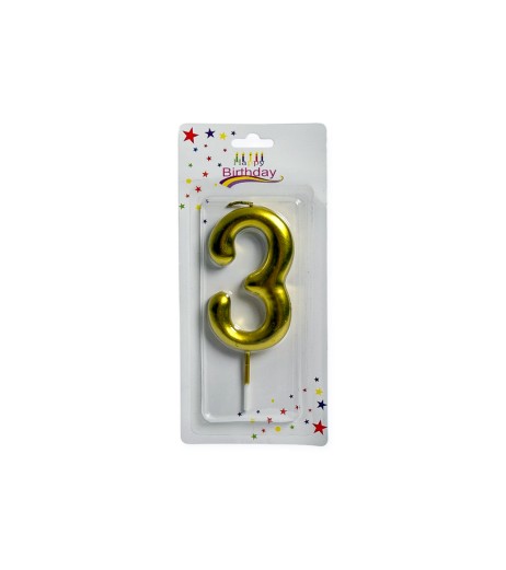 Gold cake candle 9 cm number 3