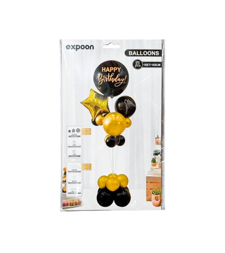 Set 21 baloane + bete suport din plastic, negru-auriu