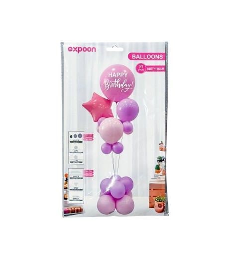 Set 21 baloane + bete suport din plastic, roz-mov