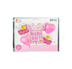 Baloane folie 5/set roz Welcome Baby Girl
